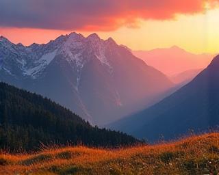 The sun setting over snow-capped mountains and a cozy village