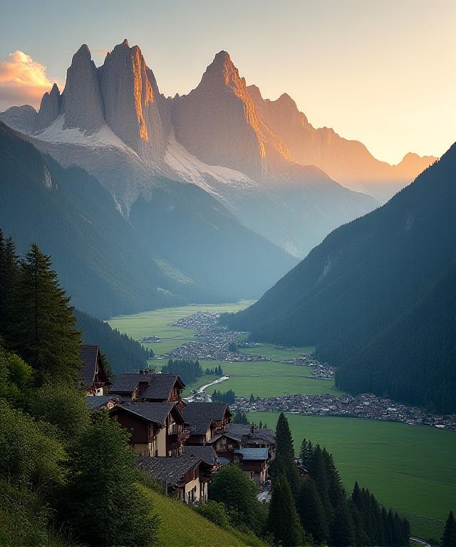 Golden hour over a small European village nestled in the Alps