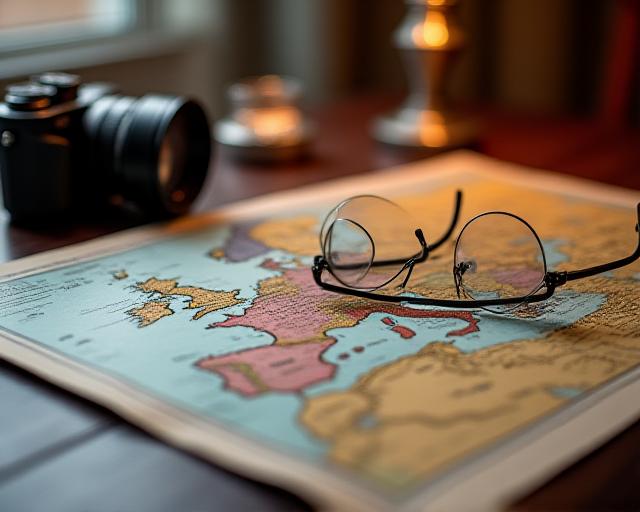 Travel consultant reviewing a physical map under warm lamplight