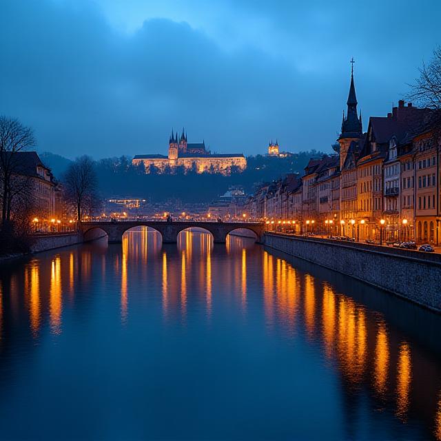 Illuminated European cityscape reflecting on a river at dusk